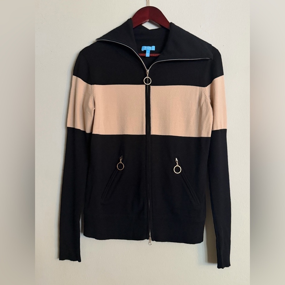 Escada Sport | Black and Beige Color Block Zip Sweater | L
